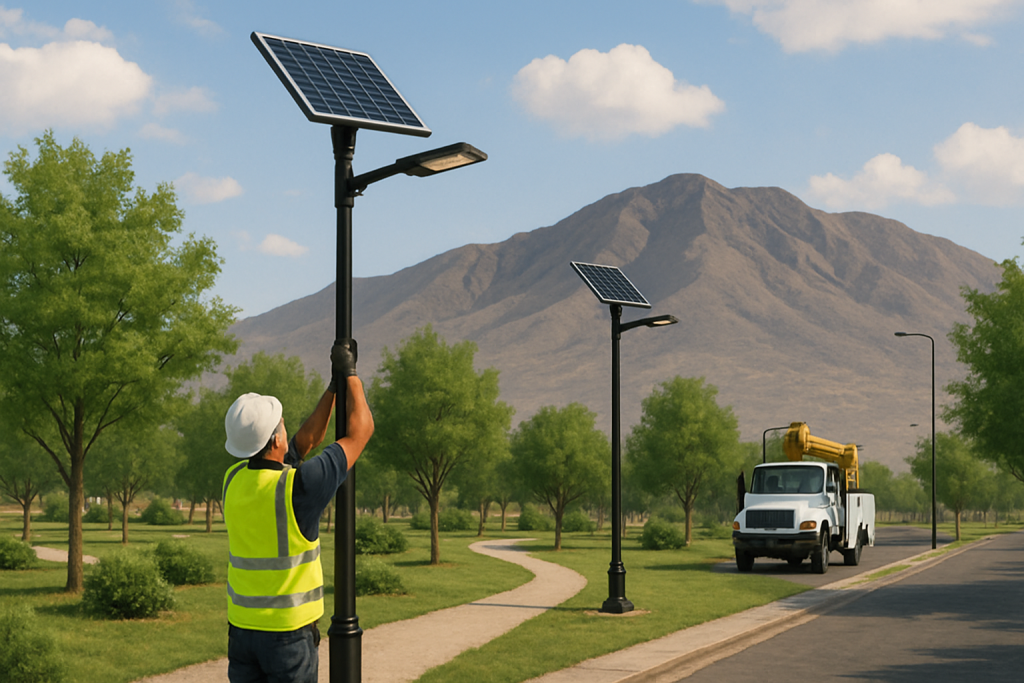 Solar-powered lighting along a landscaped park path in El Paso