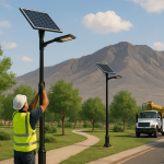 Solar-powered lighting along a landscaped park path in El Paso