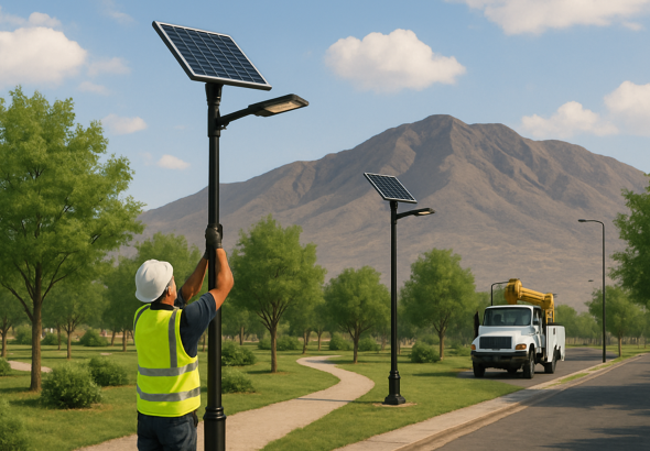 Solar-powered lighting along a landscaped park path in El Paso